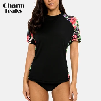 Charmleaks Kvinder kortærmet Rashguard Retro Flower Print Quick-tørring Shirt Kørsel Top Rash Guard UPF50+ Vandring Shirts