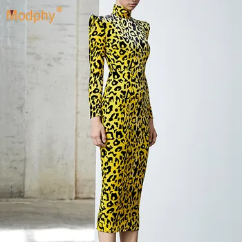 2020 Vinter Nye Mode Leopard Print Lang Kjole Til Elegante Kvinder Med Lange Ærmer Bodycon Dress Kendte Party Aften Bane Vestidos