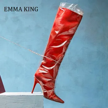 2021 Foråret Kvinder Klar Plast Satin Støvler PVC-Wrap Up-Høj Hæl Long Boot Damer Spidse Tå Designet knæhøje Botas De Mujer
