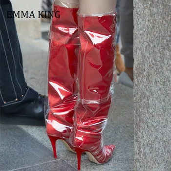 2021 Foråret Kvinder Klar Plast Satin Støvler PVC-Wrap Up-Høj Hæl Long Boot Damer Spidse Tå Designet knæhøje Botas De Mujer