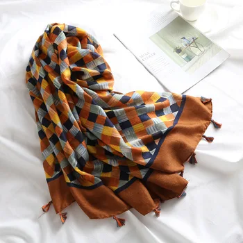 Efterår Mode Geometriske Plaid Viscose Sjal Tørklæde Kvinder af Høj Kvalitet Wrap Varm Pashminas Stjal Bufandas Muslimske Hijab 180*90Cm