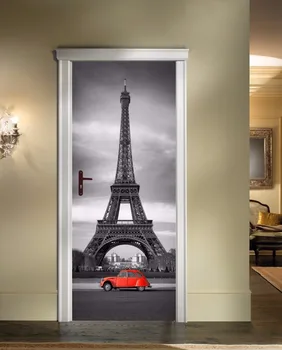 DIY 3D wallsticker Vægmaleri Home Decor Retro Eiffel Tårn med rød bil Art Flytbare Døren Mærkat decole 77*200cm