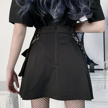 Gothblack Streetwear Høj Talje Solid Farve Nederdele Gotiske Kvinder Punk Splejse Kæde Værktøjsholder-En-Linje-Nederdel Kvindelige 2020 Part Nederdel