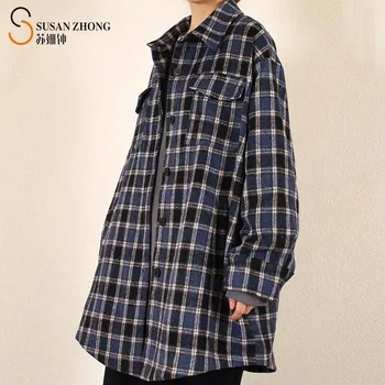 Kvinder Jakker Female Skjorte Pels Turn-Down Krave Vintage Ind Lommer Knap Manchet Plaid Japansk Stil, Efterår, Vinter