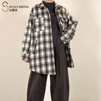 Kvinder Jakker Female Skjorte Pels Turn-Down Krave Vintage Ind Lommer Knap Manchet Plaid Japansk Stil, Efterår, Vinter