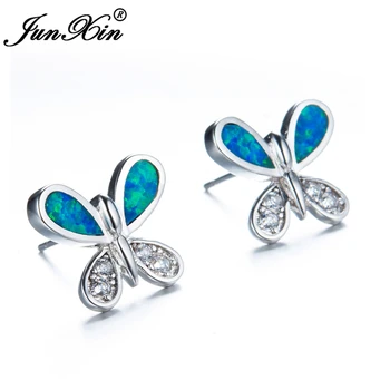 JUNXIN Blå Ild Opal Earring Kvindelige Butterfly Dyr Stud Øreringe Sølv Farve Dobbeltsidet Øreringe Til Kvinder