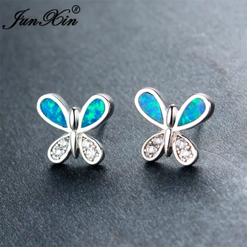 JUNXIN Blå Ild Opal Earring Kvindelige Butterfly Dyr Stud Øreringe Sølv Farve Dobbeltsidet Øreringe Til Kvinder