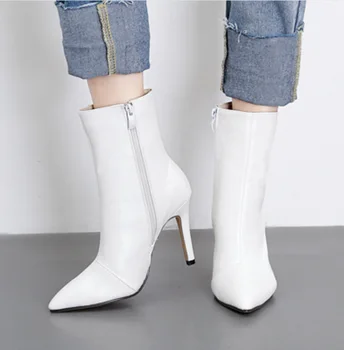 Høj Hæl Punkt, Toe Pige Sort Ankel Støvler Hvide Ankel Støvler Til Kvinder Fashion Desinger Sko