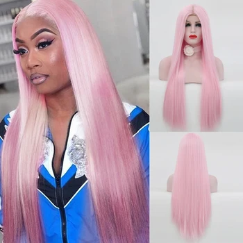 Karisma Lange Silkebløde Lige Pink Paryk Syntetiske Lace Front Wig Naturlig Hårgrænse Høj Temperatur Fiber Cosplay Parykker til Kvinder