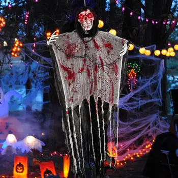 OurWarm Halloween Skelet Hængende Ghost Dekorationer Stemme Aktiveret Kraniet Ghost Frygtelig Spøgelse med Glødende Røde Øjne 170*105CM