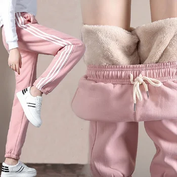 TYJTJY Mode bukser kvinder 2020 vinter nye plus velvet fortykkelse imiteret lam fløjl bukser kvindelige vilde Harem sports bukser