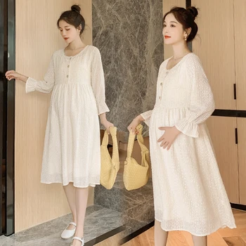 8201# Efterår Forår koreansk Mode Barsel Lang festkjole Elegante Slanke Sygepleje Tøj til Gravide Kvinder Sød Graviditet