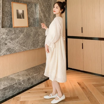 8201# Efterår Forår koreansk Mode Barsel Lang festkjole Elegante Slanke Sygepleje Tøj til Gravide Kvinder Sød Graviditet